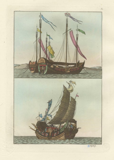 Chinese Junks and Sailing Vessels, Ferrario Il Costume Antico e Moderno, 1815, close-up 1