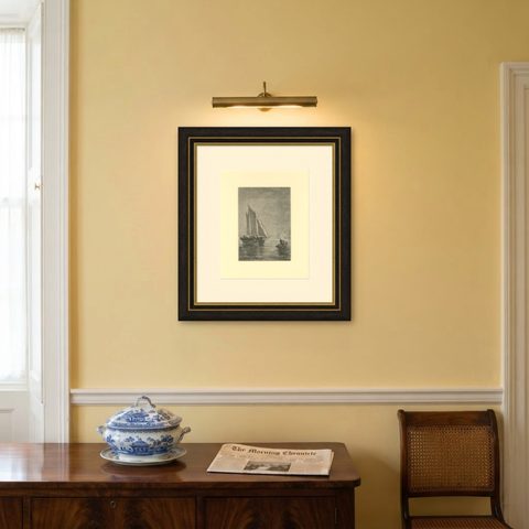 19th-Century Maritime Engraving, Fishing Boats and Rowers at Sea, shown framed on a wall