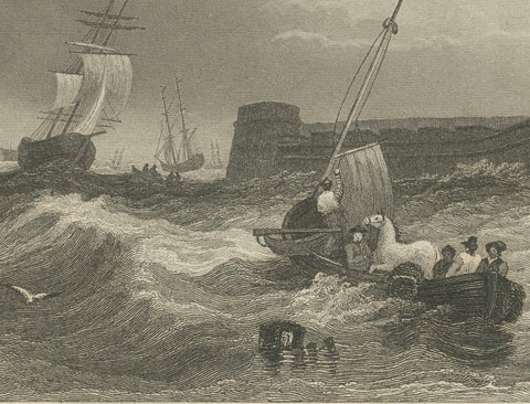 Black Rock New York Harbor Lighthouse, Antique Steel Engraving c.1850, close-up 5