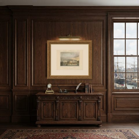 Antique View of Amsterdam Naval Arsenal, Hand-Colored Lithograph c.1850, shown framed in a room