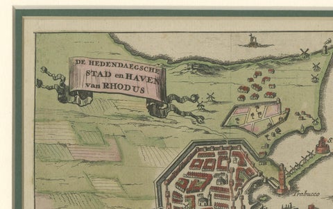 City and Harbour of Rhodes, Olfert Dapper, 1688 Hand-Coloured Engraving, close-up 2
