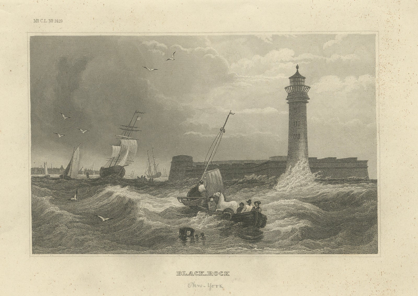 Black Rock New York Harbor Lighthouse, Antique Steel Engraving c.1850