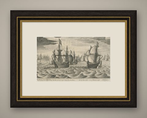 Antique Print of a Fleet of Nine Ships Departing to the East Indies '1603', shown framed