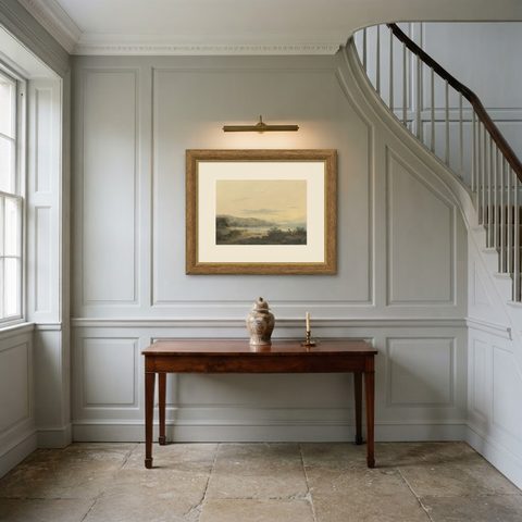 Original Antique Chromolithograh of Srigonjo Bay, the South Coast of Java, 1872, shown framed in a room