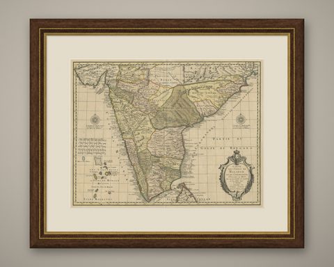 Detailed Decorative Antique Map of the Coast of Malabar and Coromandel, India, shown framed
