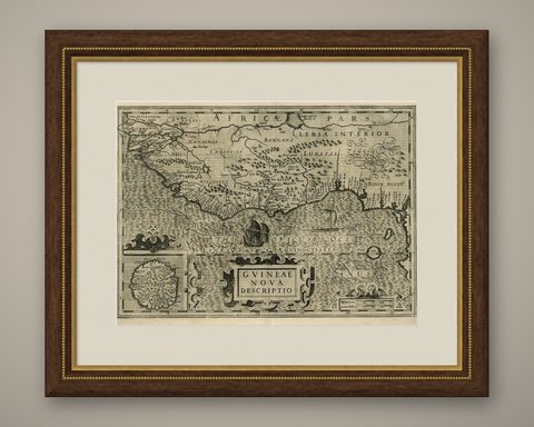 Old Decorative Map of the West African Coast & St. Thomae Island, c.1600, shown framed