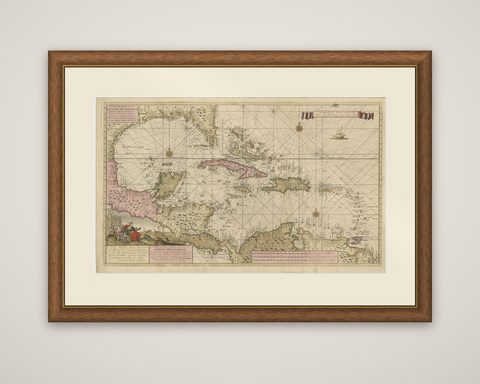 Engraving of a Map of Florida, the Gulf Coast, Caribbean & Central America, 1728, shown framed
