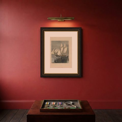Antique Boat Print of the Sappho Rounding the Vectis by the Graphic, 1870, shown framed on a wall