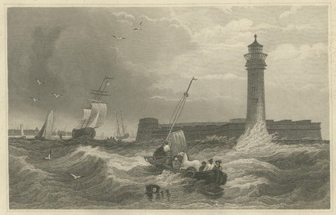 Black Rock New York Harbor Lighthouse, Antique Steel Engraving c.1850, close-up 1