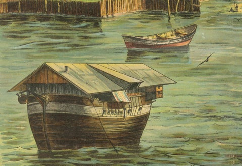 Antique Chromolithograph of Coastal Cameroon with Boats and Settlement, ca. 1890, close-up 3