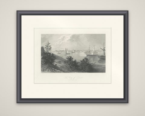 The City of Detroit, View from Canadian Shore, Antique Harbor Engraving, c.1872, shown framed