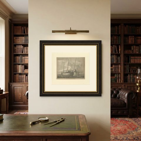 Views of Dutch Vessels, Maritime Engraving after 1684 Drawing, Published 1802, shown framed on a wall