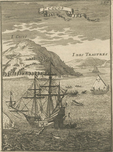 Antique Engraving Cocos Island, Maritime Scene, Manesson Mallet, 1683, close-up 2