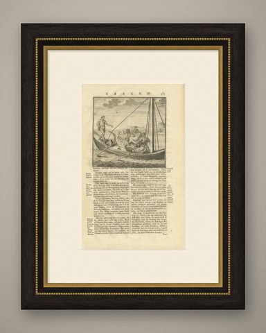 Old Print of Figures in a Boat Holding a Kris, Daggers and Ax in Asia, 1726, shown framed