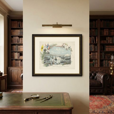 Naval lithograph of Russian fleet arriving in Toulon, France, in 1893, shown framed on a wall