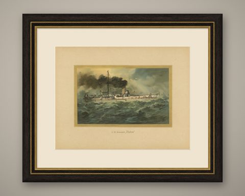SMS Baden: German Coastal Defense Ship in Turbulent Seas, 1903 Chromolithograph, shown framed