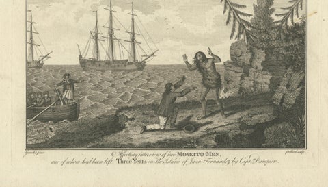Moskito Men Reunion, Juan Fernandez Island, Dampier Voyage Engraving, ca.1789, close-up 4