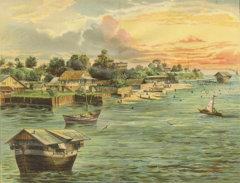 Antique Chromolithograph of Coastal Cameroon with Boats and Settlement, ca. 1890, close-up 4