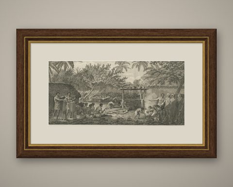 Human Sacrifice in a Morai, Tahiti, Cook Voyage Engraving c.1795, shown framed