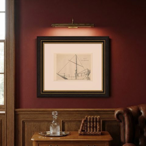 Antique Print of a Japanese Junk Longitudinal Section, 1856, shown framed on a wall
