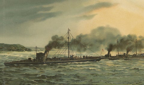 German Torpedo Boat Division at Sea, 1903 Chromolithograph by Hugo Graf, close-up 1
