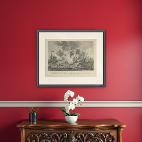 Antique Print of the Exploding of the 'Alphen' in the Harbour of Curacao, 1779, shown framed on a wall