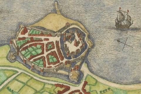 Cherbourg, Antique Hand-Coloured French Coastal Town Engraving (1666), close-up 2