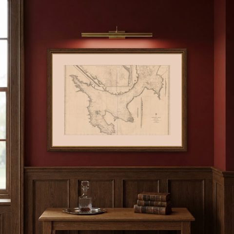 Large Antique Chart of The White Sea, Russa 1854, shown framed on a wall
