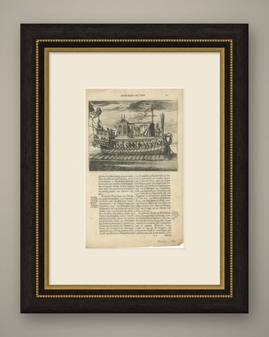 Antique Print of a Japanese Pleasure Yacht by Montanus, 1669, shown framed