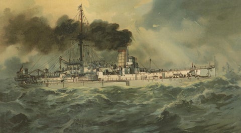 SMS Baden: German Coastal Defense Ship in Turbulent Seas, 1903 Chromolithograph, close-up 2