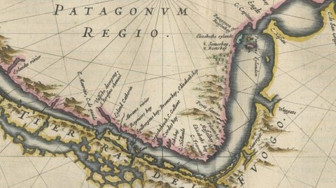 Blaeu Strait of Magellan Map, Tierra del Fuego, Decorative Sea Chart, 1642, close-up 2