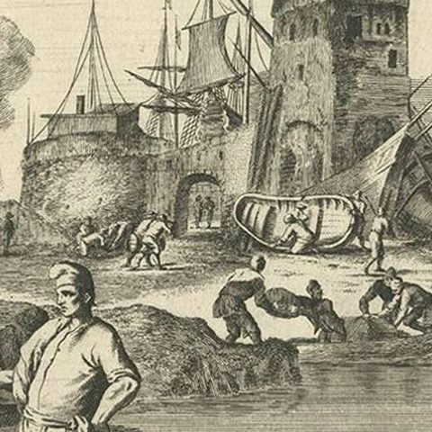 Antique Untitled Harbour View 'IV' by J. Wolff, circa 1730, close-up 2