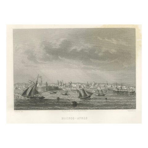 Antique Engraving of Buenos Aires, City and Harbor View, 1867