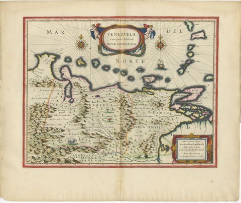 Blaeu Venezuela Map, Decorative Caribbean & Nueva Andalusia Chart 1642