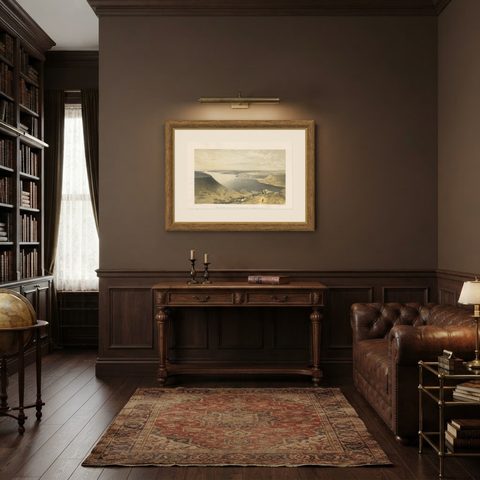 Antique Print of the Harbour of Sebastopol 'Crimean War' by W. Simpson, 1855, shown framed in a room