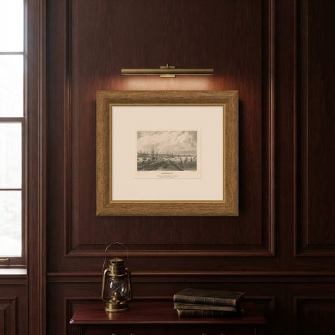 Amsterdam Harbor View: Antique 19th Century Engraving of Maritime Life, shown framed on a wall