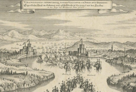 Copper Engraving by Merian of The Battle Fleet off Constantinople, 1646, close-up 1
