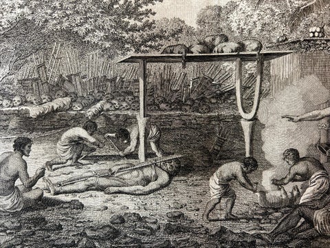 Human Sacrifice in a Morai, Tahiti, Cook Voyage Engraving c.1795, view 4
