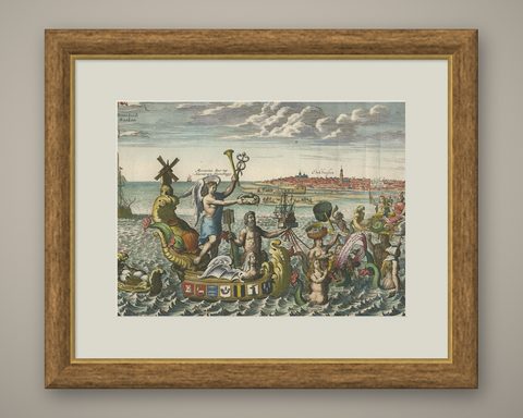 Antique Satirical Print showing Mermaids about the Port of Enkhuizen, circa 1720, shown framed