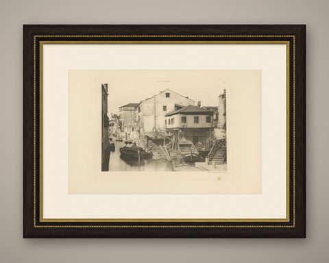 Pl. 12 Antique Print of a Boatbuilding yard on the Bottesela Canal, circa 1890, shown framed