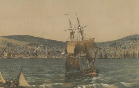 View of the Dardanelles: Fortified Hill and Ships, Hand-Colored Lithograph, 1840, close-up 2