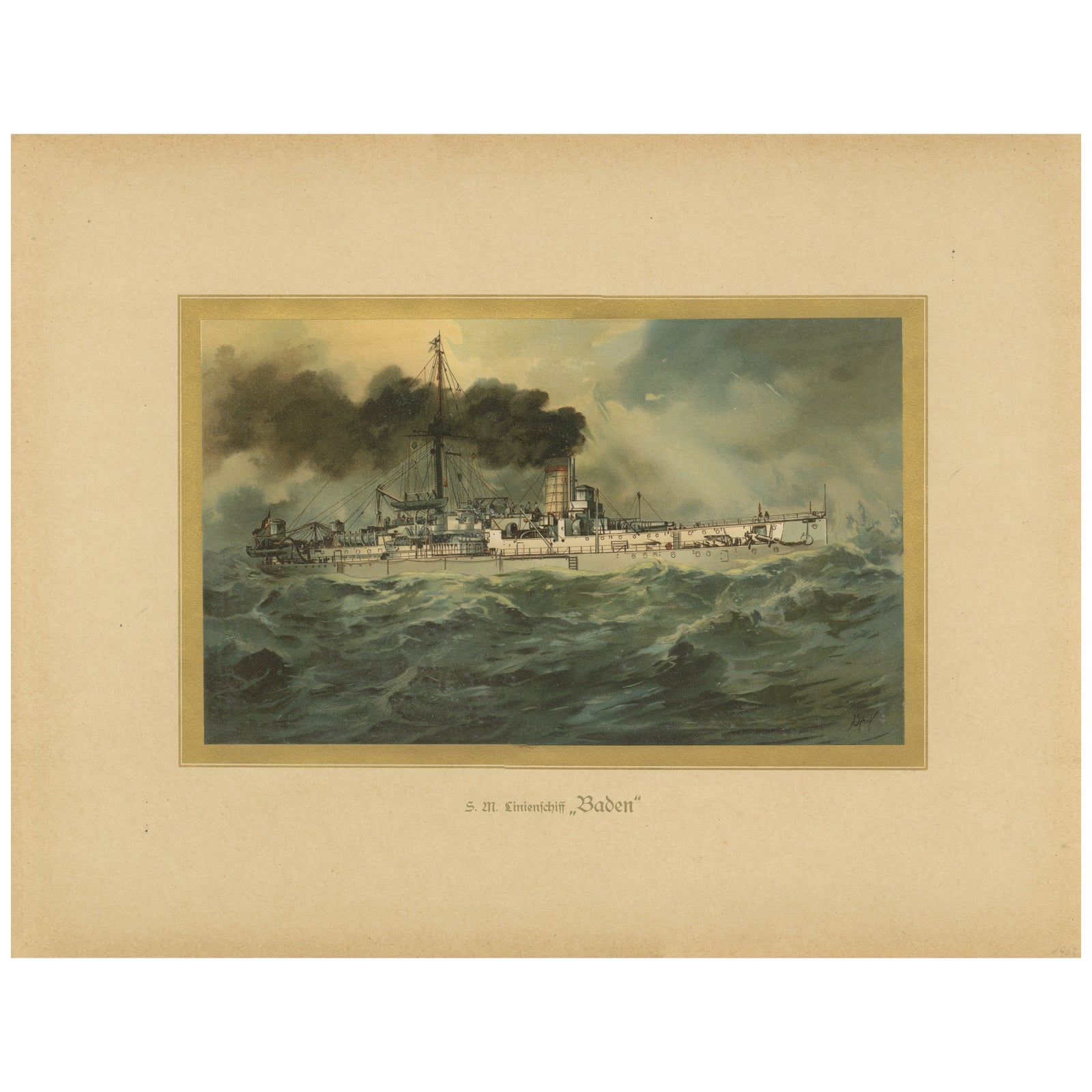 SMS Baden: German Coastal Defense Ship in Turbulent Seas, 1903 Chromolithograph
