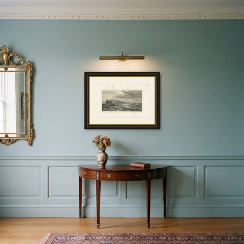 Antique Maritime Print with Various Vessels, circa 1860, shown framed in a room