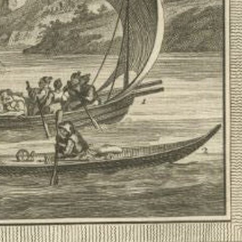 Antique Print of a Woman's Boat Know as Imiak and a Kayak for Men, 1770, close-up 1