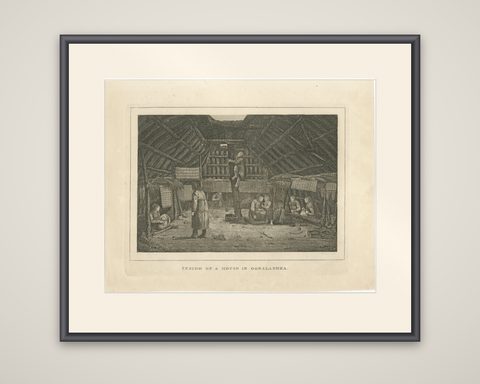 House in Oonalashka, Captain Cook Voyage, after Webber, Engraving, circa 1820, shown framed