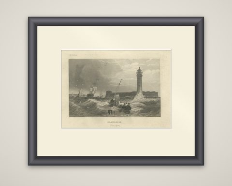 Black Rock New York Harbor Lighthouse, Antique Steel Engraving c.1850, shown framed