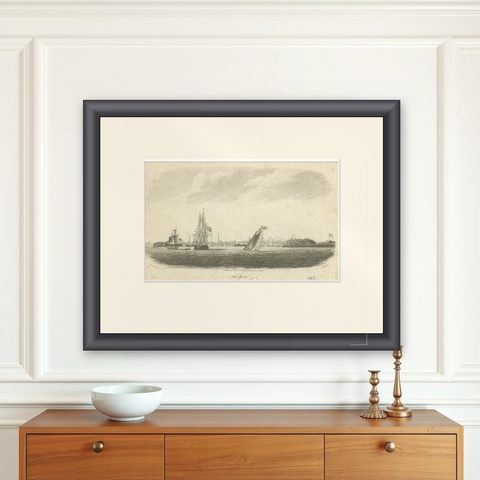 New York Harbor Panorama, sailing ships & city skyline, British engraving, 18050, shown framed on a wall