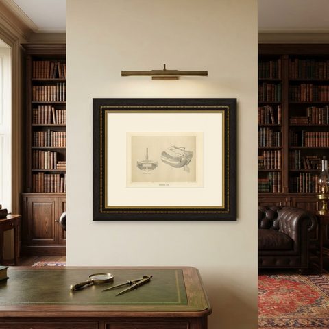 Antique Print of a Japanese Junk Cross Section, 1856, shown framed on a wall