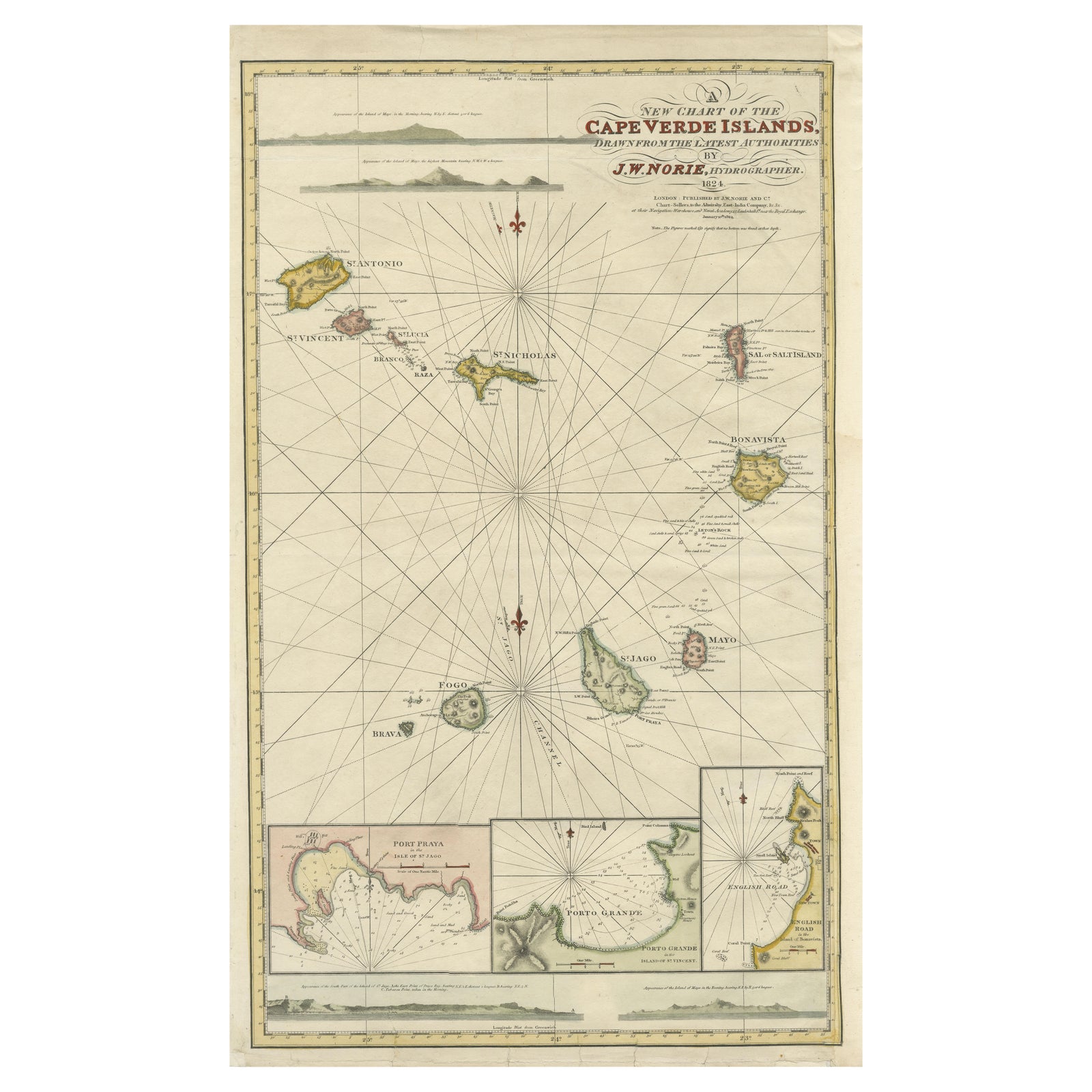Nautical Chart of Cape Verde Islands by J.W. Norie, 1824 Coastal Map