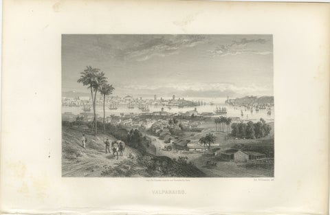 Rare Antique Engraving, Valparaíso, Chile Harbor and City Scene, 1867, view 2